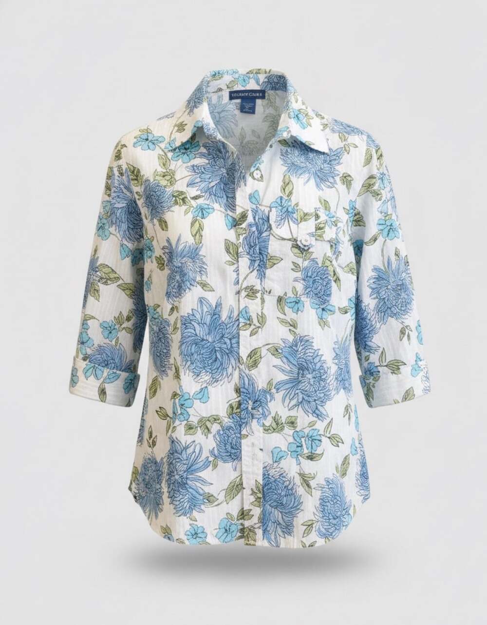 Karen Scott Button Down Shirt Size L Blue Floral 100% Cotton